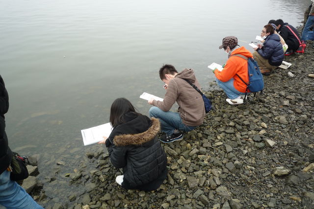 湖面、湖底の様子を観察中